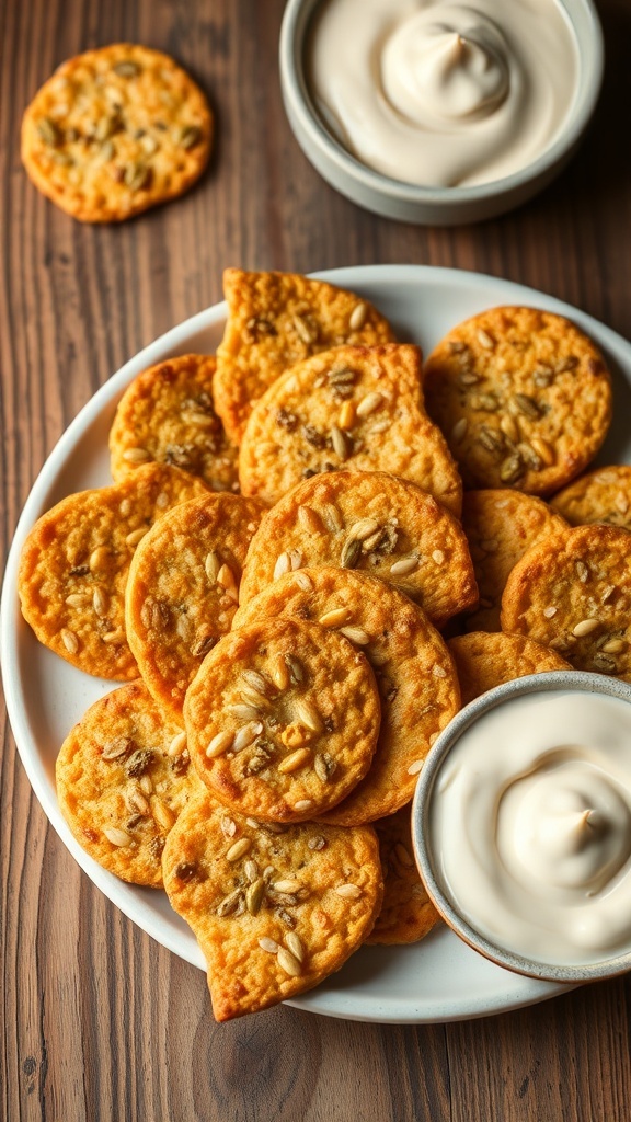 Keto Four Seed Crispy Crackers Recipe A plate of crispy seed crackers made from flaxseeds, chia seeds, pumpkin seeds, and sunflower seeds, served with a dip.